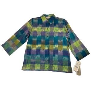 Victoria Jones Shirt Women’s Small Plaid Blue Green 3/4 Sleeve Vintage 90s NEW
